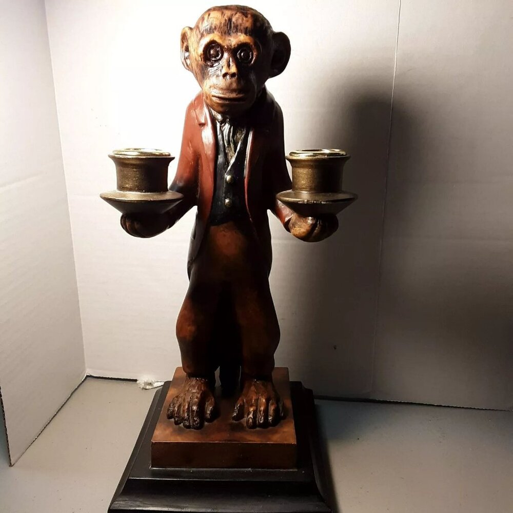 Vintage Monkey Butler Candelabra Resin 13" Candlestick Holder Figure Statue RARE